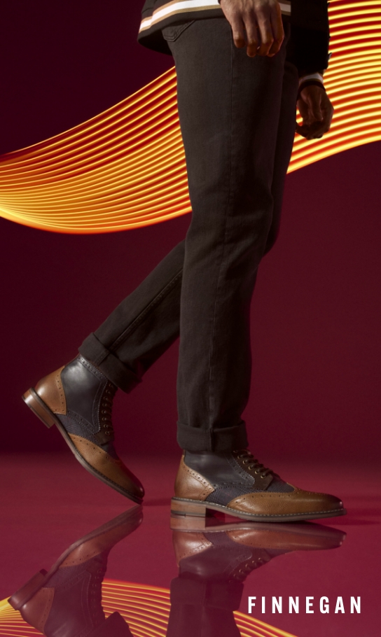 Men's Boots category. Image features the Finnegan in cognac/navy.