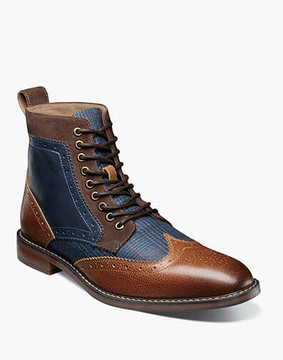 Finnegan Wingtip Lace Up Boot in Cognac with Navy for $$180.00