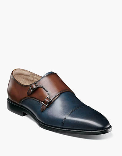 Raythorne Cap Toe Double Monk Strap in Navy/Brown for $$155.00